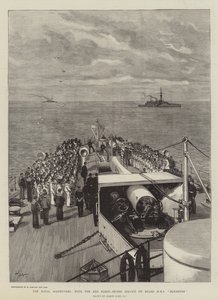 De marine-oefeningen, met de rode vloot, godsdienstoefening aan boord van HMS Blenheim